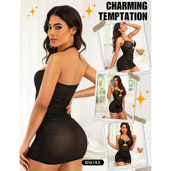 🆕 Women Black Halter Babydoll Sexy Lingerie Dress Mesh Chemise Nightdress Chain - Picture 4 of 5